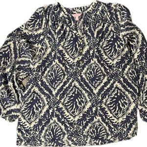 Lilly Pulitzer Silk Elsa Blouse Navy Blue Coral